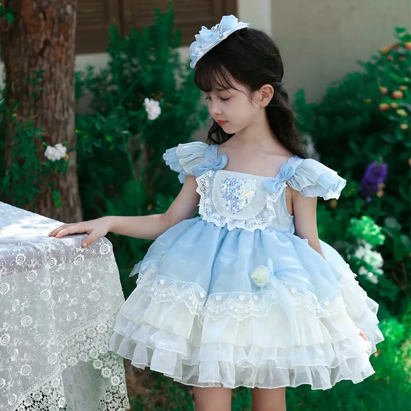 

0-12Y Baby Girl Summer Blue Lace Turkish Vintage Princess Dress for Birthday Holiday Easter Photography Eid