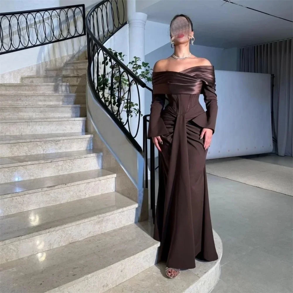 فستان حفلة موسيقية مخصص خارج الكتف، الساتان كم طويل مشد مطوي عارية الذراعين زيبر حفل زفاف ثوب Fساتين Shires #3