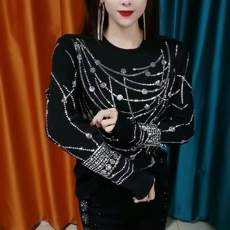 Women\'s Clothing Autumn Winter Korean Fashion Rhinestone Velvet Thick Basic T-shirts Elegant Black O Neck Long Sleeve Slim Tops