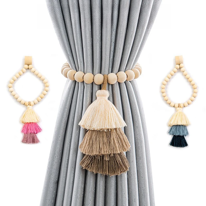 

Новая модная магнитная подхват для штор с деревянными бусинами и кисточкой, 3 цвета