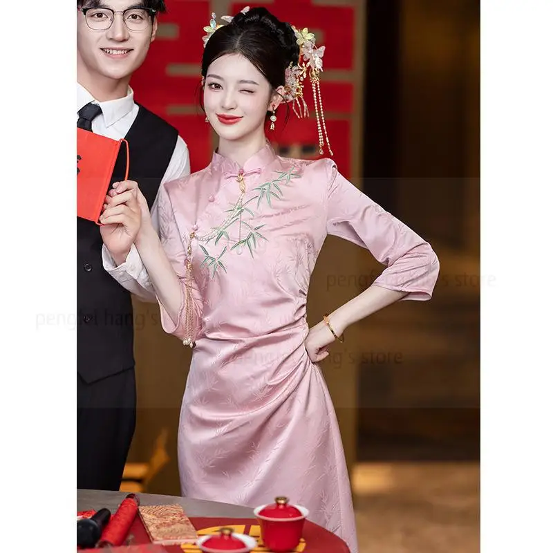 Pink Improved Cheongsams Elegant Satin Qipao Women Long Vestidos New Chinese Style Improved Dresses Wedding Banquet Gown