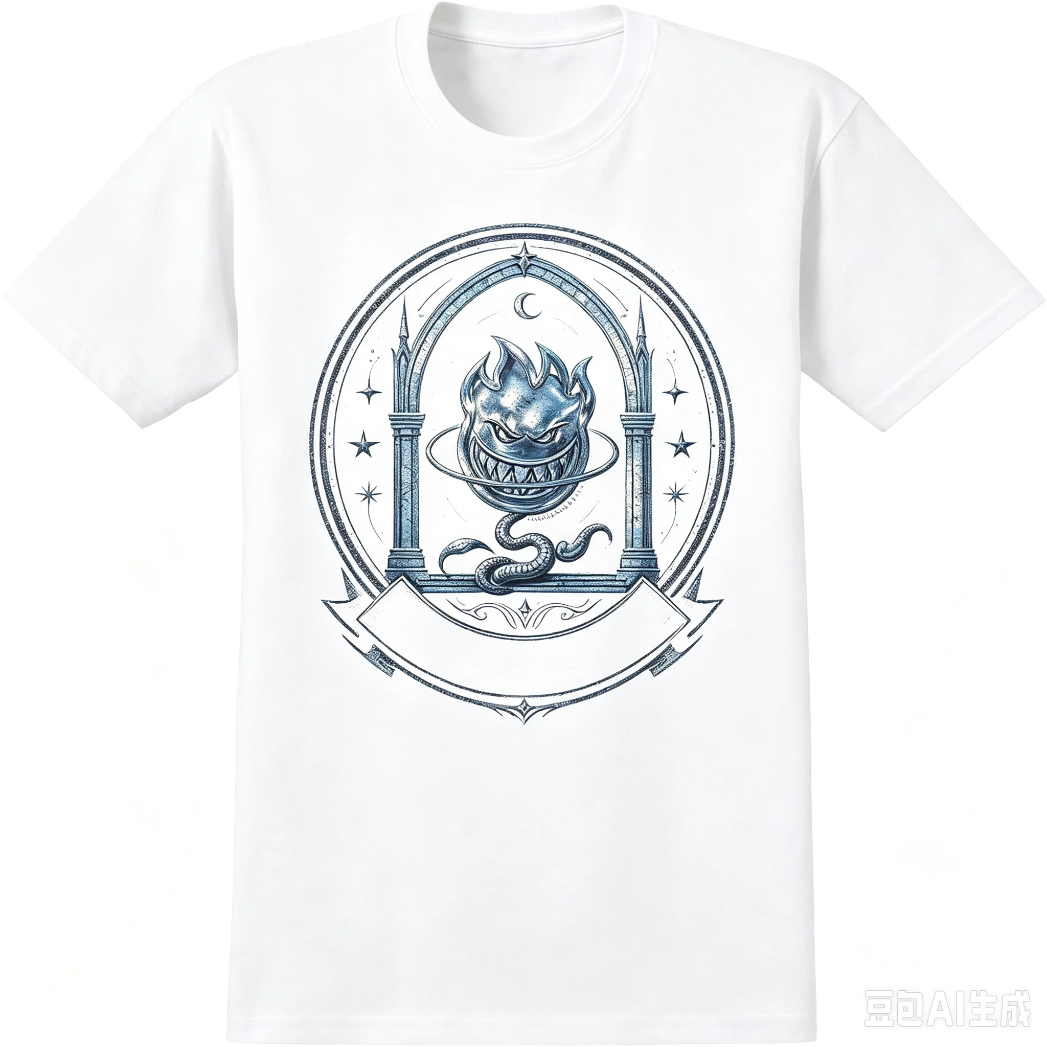 Men Gothic Demon Fire Orb Badge Graphic T‑Shirt Retro Occult Snake Moon Print Casual Crew Neck Short Sleeve Tee