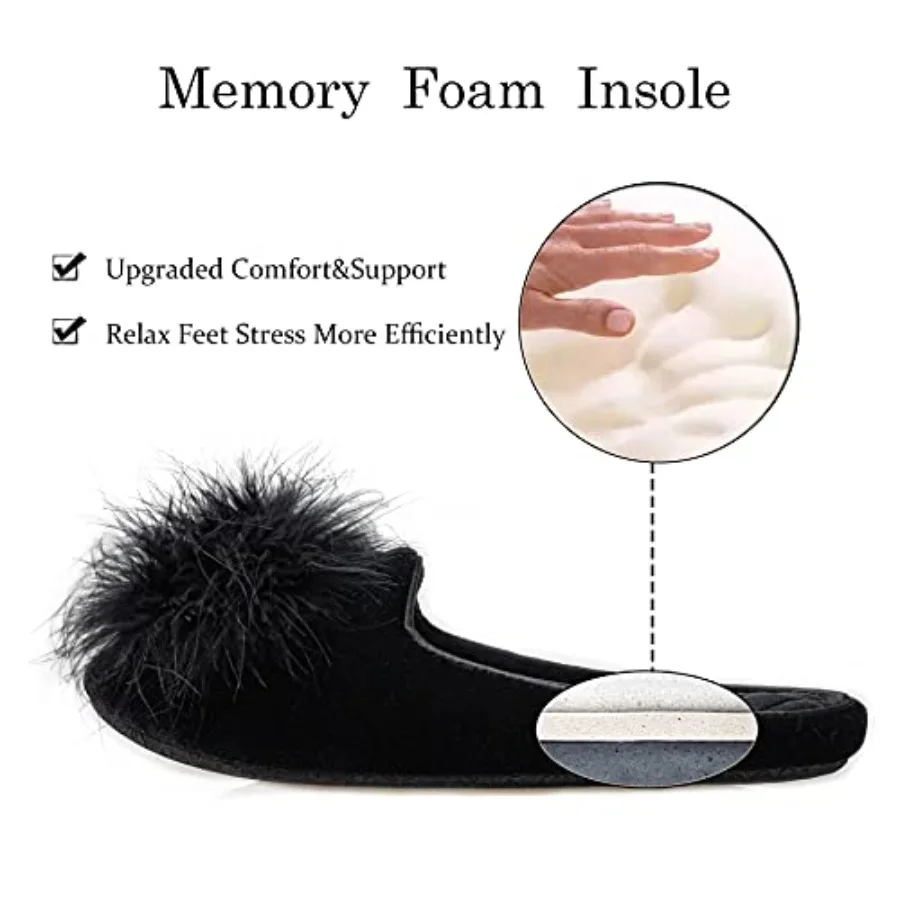 GRITHEIM Women's Fuzzy Pom Pom Velvet Memory Foam House Slippers Ladies Cozy Chenille Knit Bedroom Slippers Non-slip Sole Indoo view 4