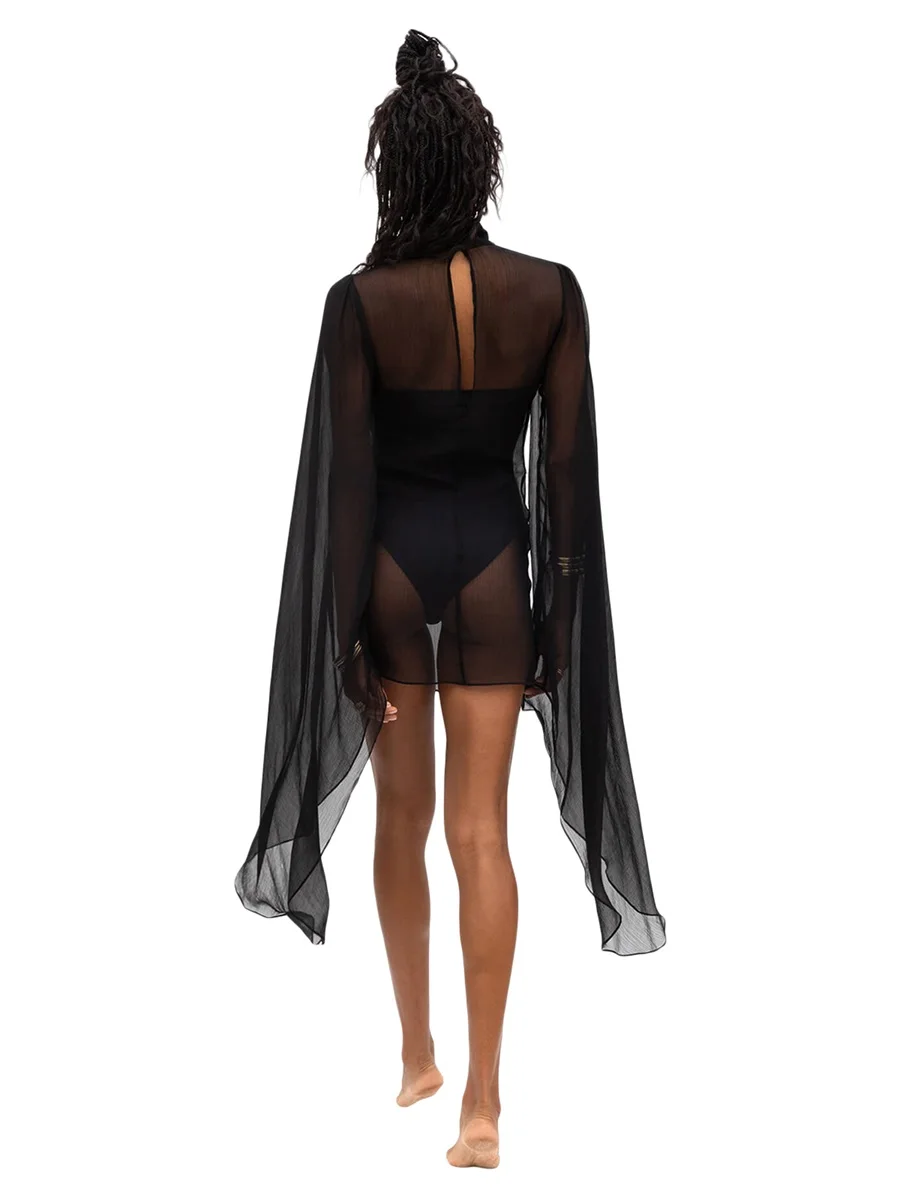 Frauen Sexy Frauen Cover-Up Kleid Flare Hülse Rollkragen Durchsichtig Solide Sommer Mini Kleid Für Strand Party Heißer verkauf S M L