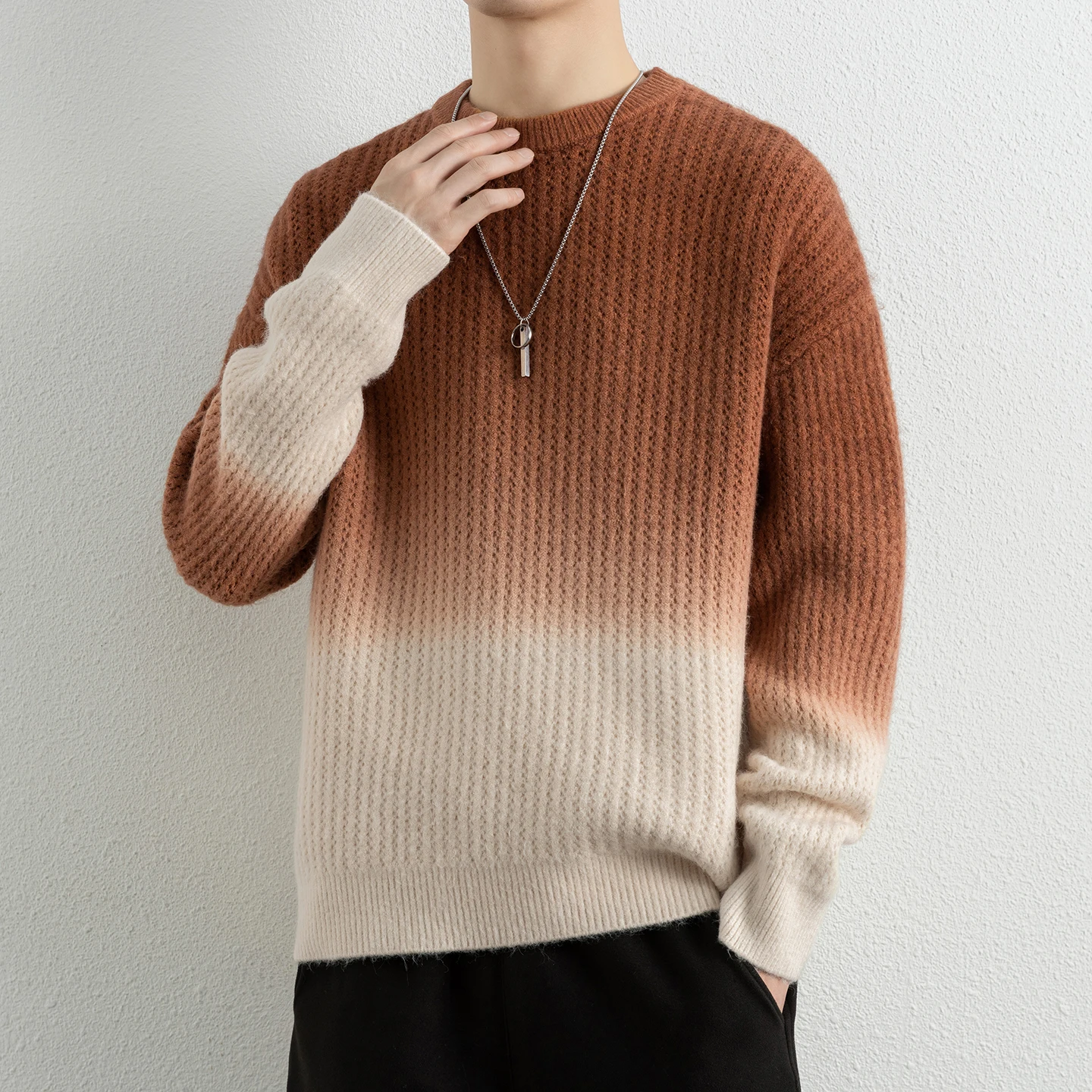 

Мужской повседневный свободный вязаный свитер с круглым вырезом, градиентный цвет, удобный, дышащий, зимний, базовый стиль