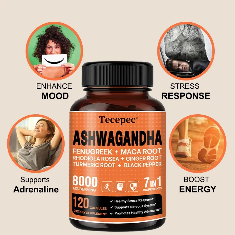 7-in-1 Ashwagandha 8000Mg - Turmeric, Rhodiola, Ginger & Black Pepper - Mood, Strength, Mind & Energy Support Supplement