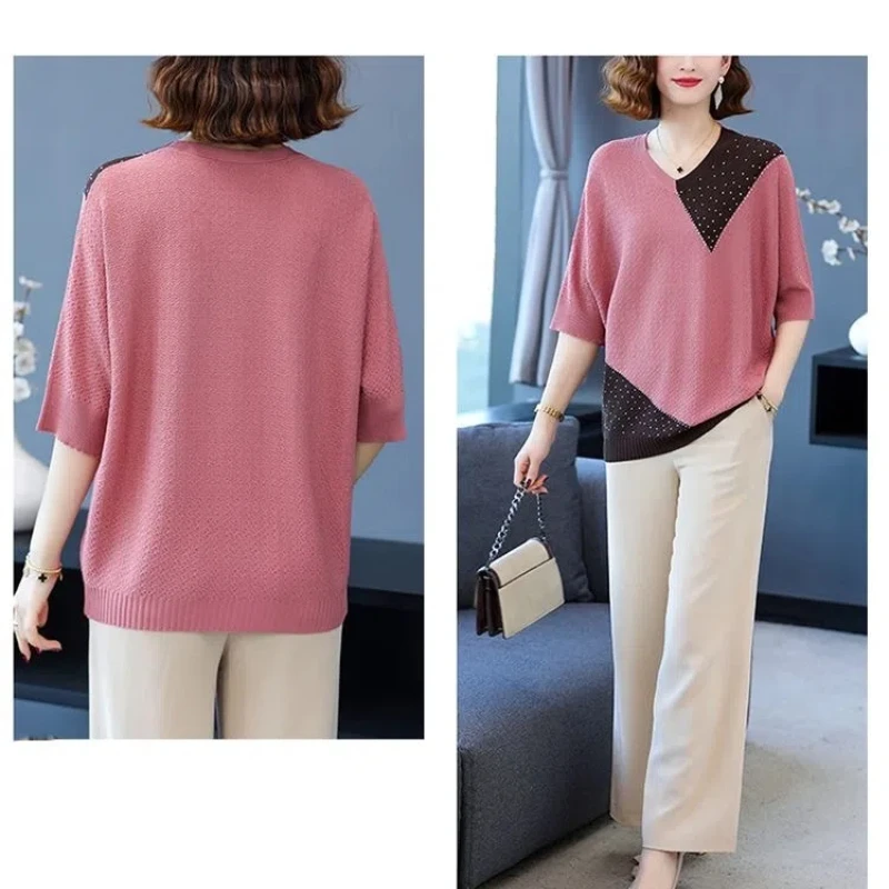 Simplicity Office Lady Summer Women\'s O-Neck Tie Dye Contrast Color Decoration Fashion Casual Loose Half Sleeve T-Shirts Tops