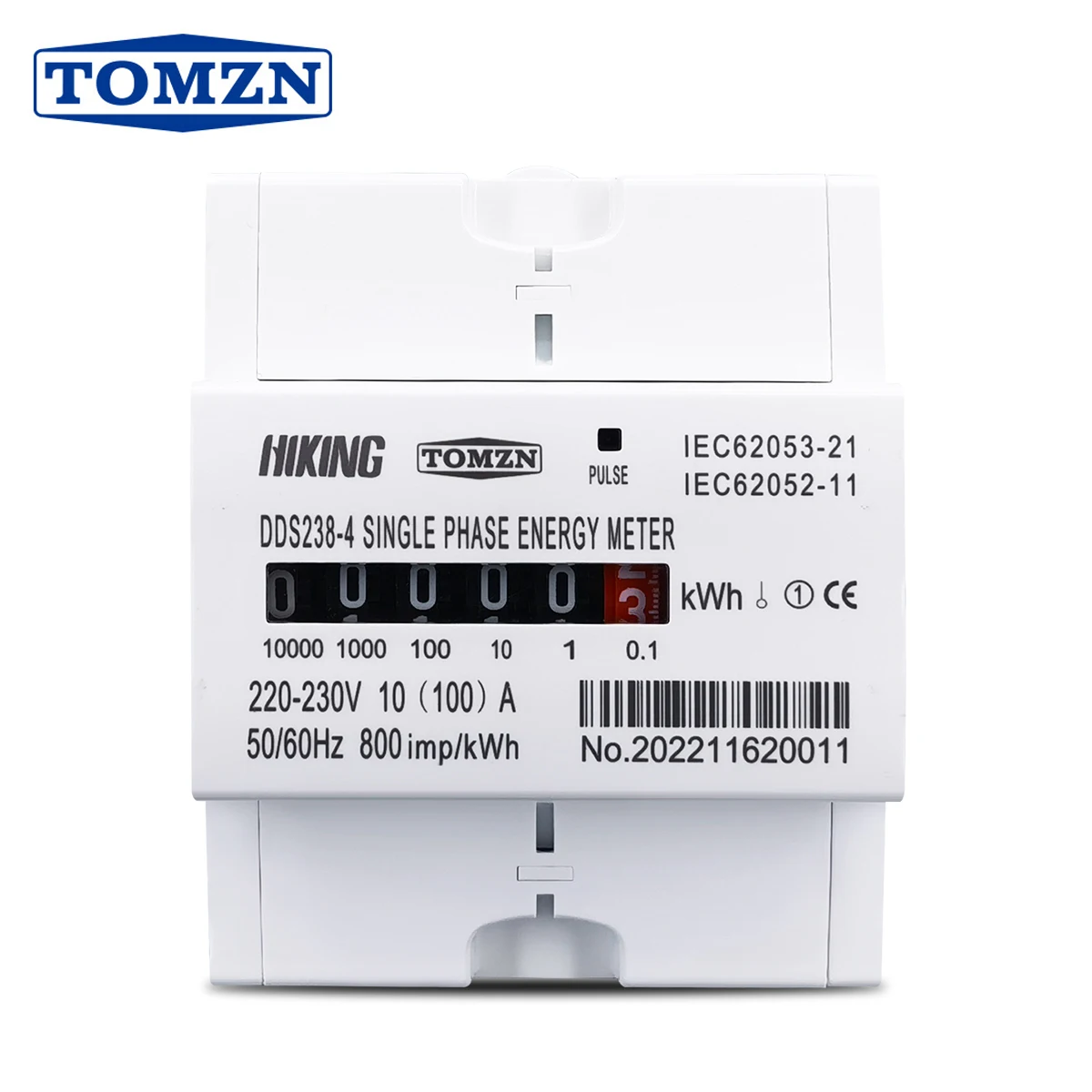 TOMZN Single Phase Energy Meter DIN Rail 220-230VAC 60A 100A KWh Monitoring 5+1 Mechanical Count Display 50/60Hz 800/1600imp/kWh