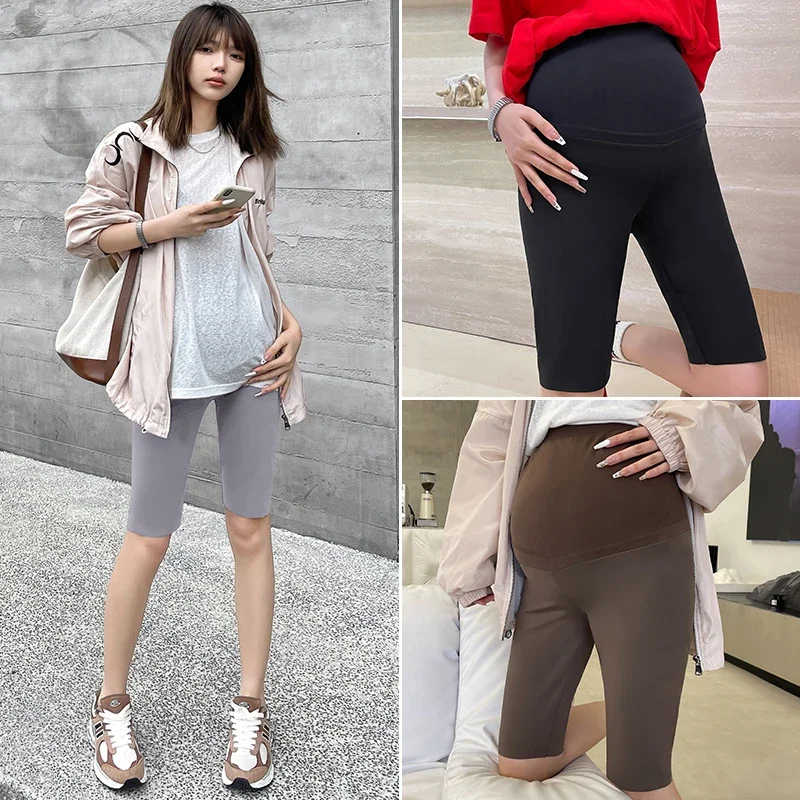 Mallas de Yoga de maternidad para mujer embarazada, pantalones cortos ajustados de cintura alta, tela de piel de tiburón, delgados, negros, deportivos, Fitness, Verano