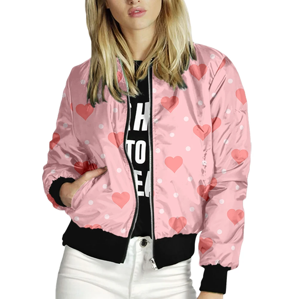 Chaqueta de manga larga para mujer, abrigo ajustado con cremallera y cuello de béisbol, estampado de amor, estilo urbano