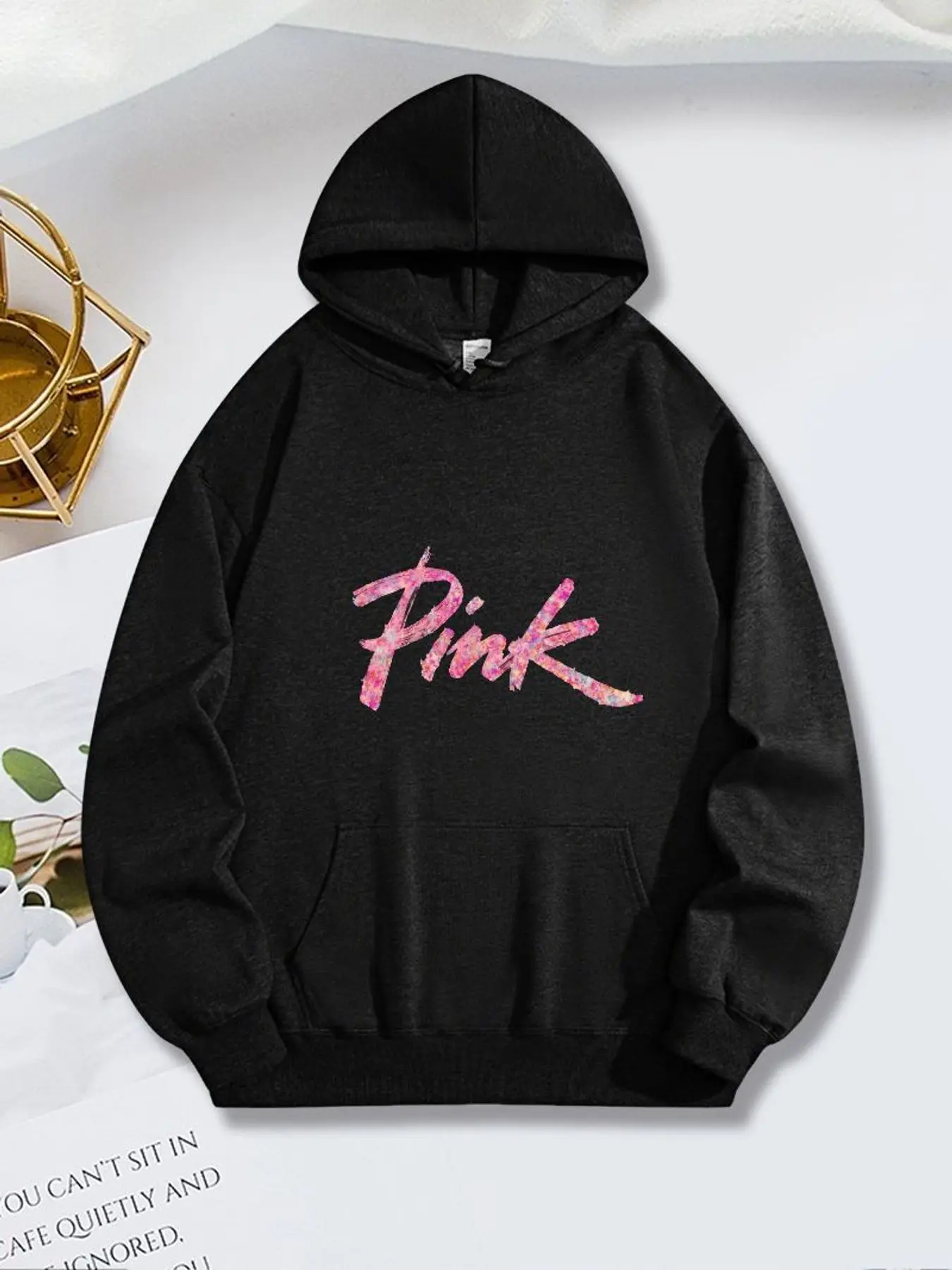 Pink Hoodie Letter Script Handwriting Cute Y2K Streetwear Unisex Men Women Oversized Casual Sweatshirt Long Sleeve