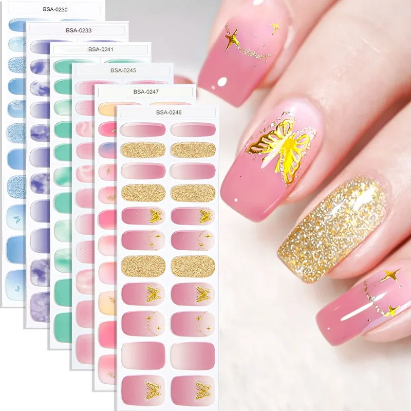 No UV Lamp Semi Cured Gel Nail Strips Gradient Nail Wraps Self‑Adhesive Full Cover Nail Stickers DIY Manicure Nail Art Decorate
