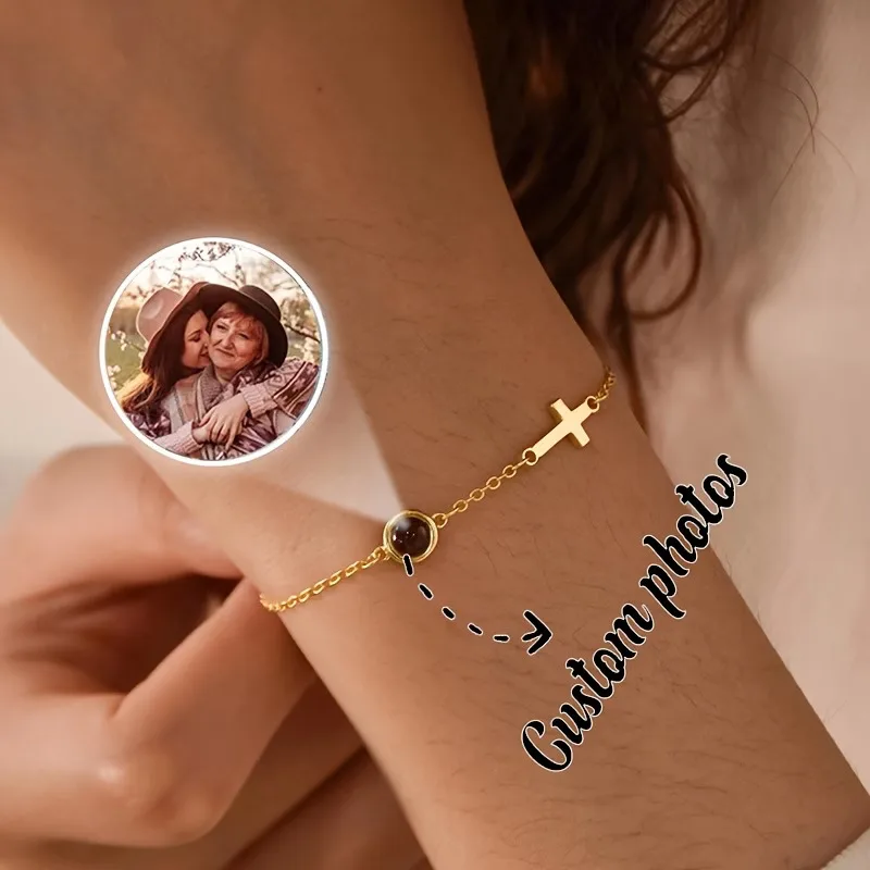 

Custom Photo Bracelet Stainless Steel Personalized with Projection Cross Bracelet Custom Religious Jewelry for Her Baptism Gift
