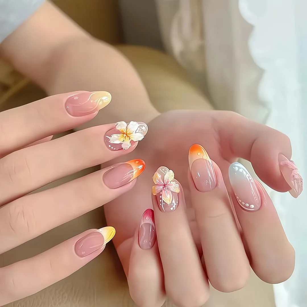 10pcs Handmade Press on Nails Summer Island Cream Flower Full Coverage Nail Tips for Women&Girls Short Detachable Wearable Nail