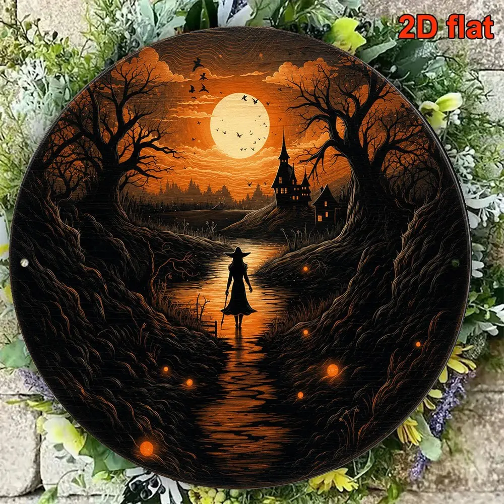 CIFBUY Waterproof Durable Round Aluminum Wall Art, Vintage Witch Art Spooky Horror Night Scene Metal Sign for Living Room Porch