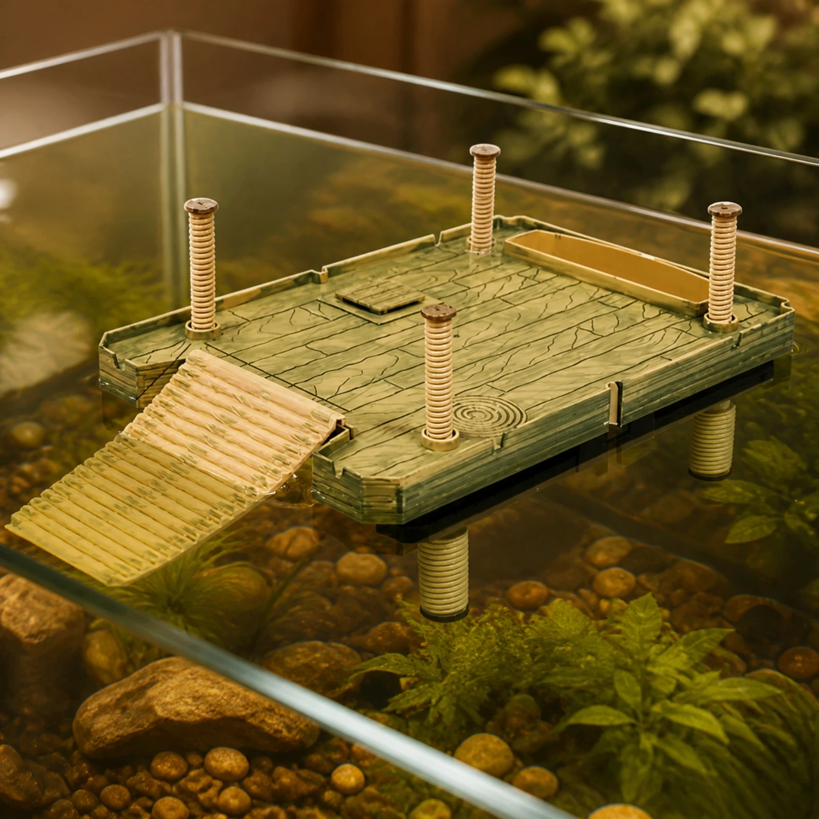 Bamboo-Grain Textured Floating Basking Dock Easy to Clean Turtle Resting Terrace Reptile Accessory Slim for Aquariums