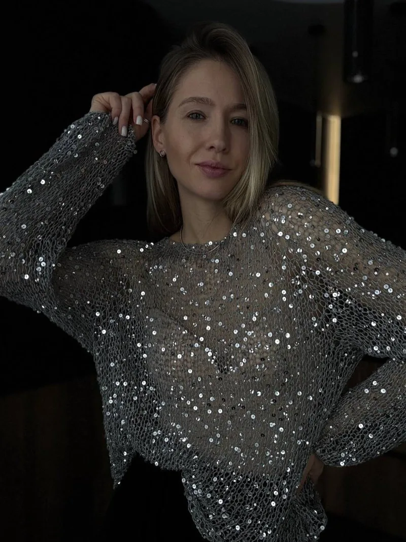 แฟชั่นเลื่อมถัก Hollow Out เสื้อกันหนาวผู้หญิง O-คอหลวมแขนยาวถักฤดูใบไม้ผลิหญิง Chic Pullover V89Q