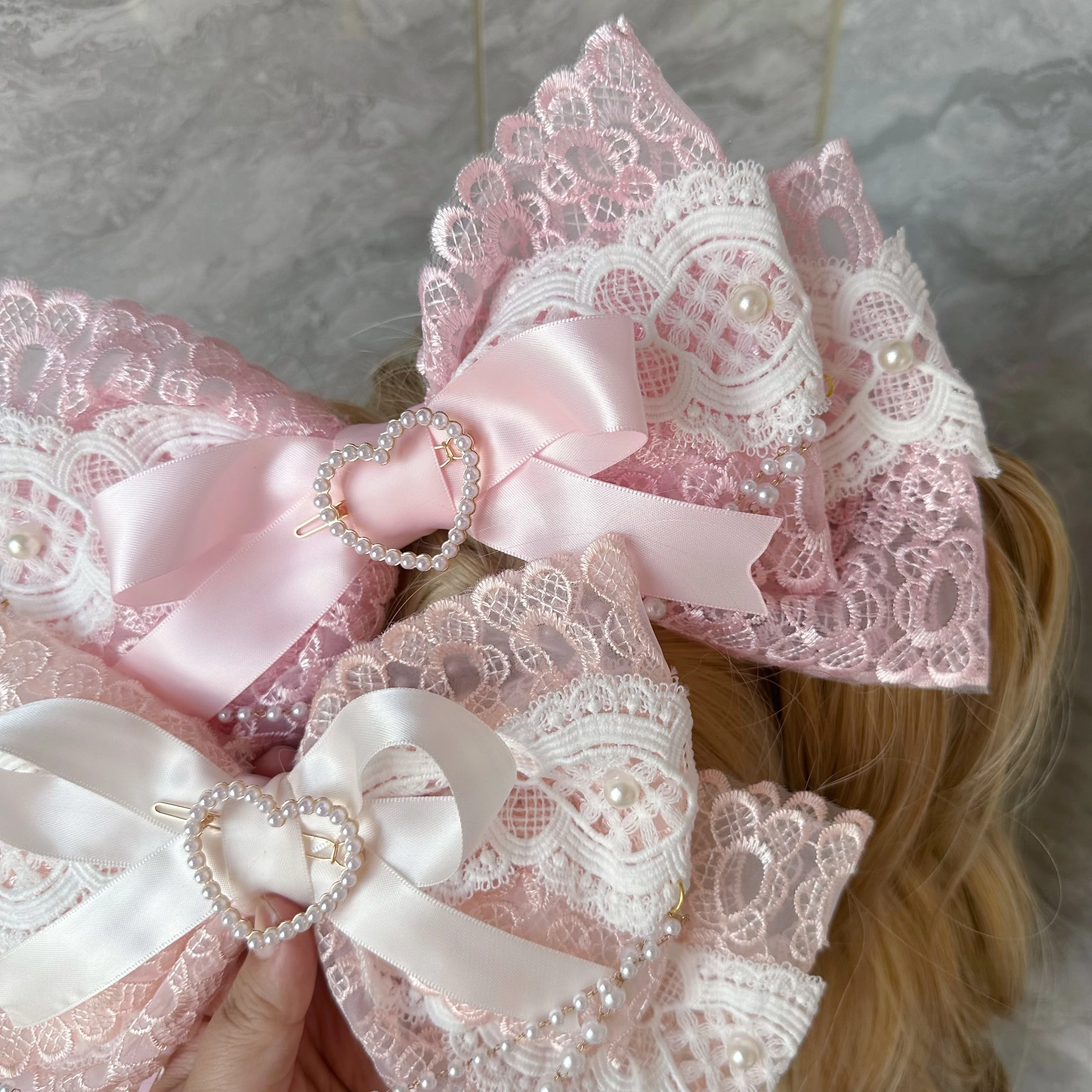 Handmade Showa Pink Lace Oversized Bow Hairpin Headband Lolita Small Accessories Brooch