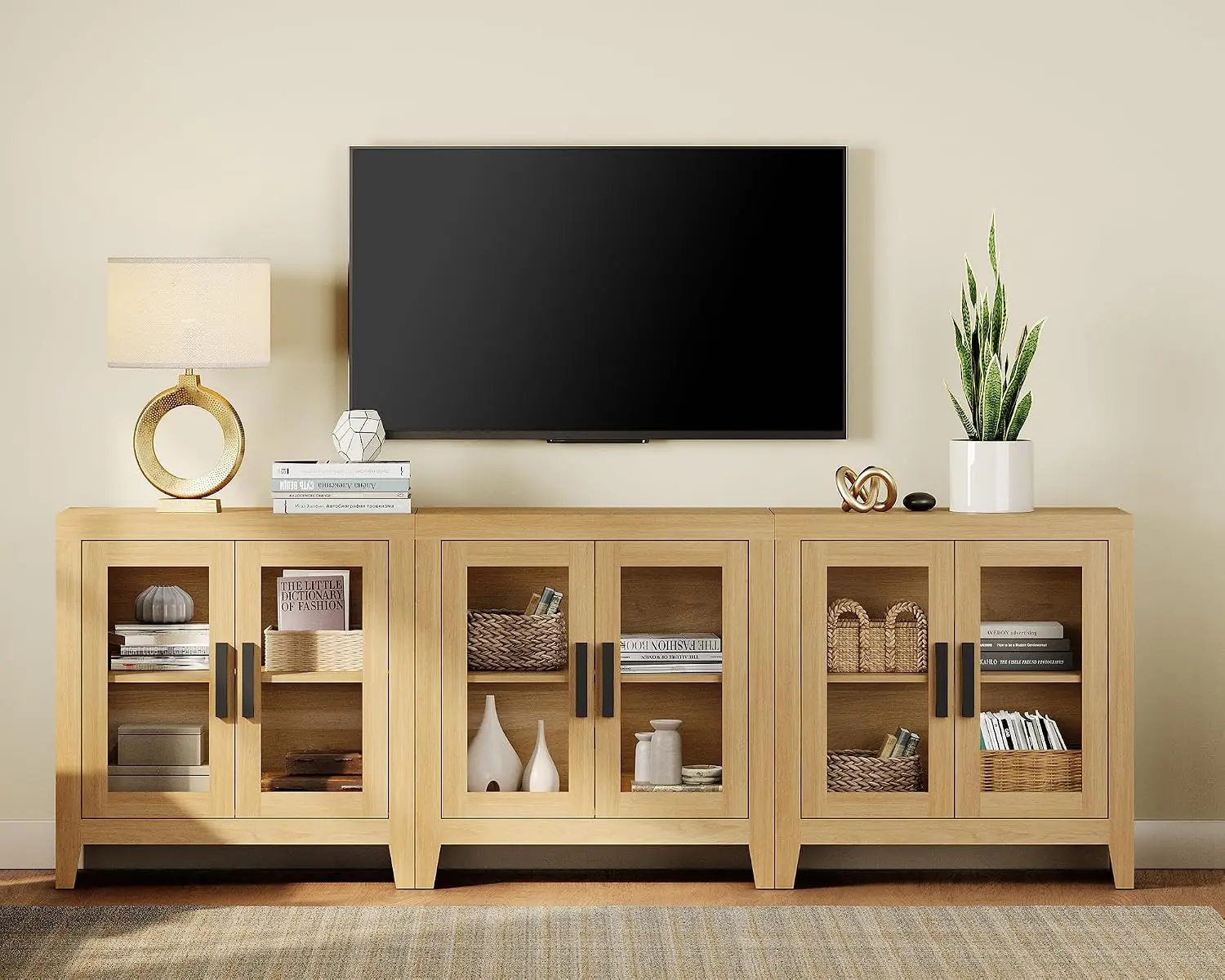 Rustic Wood TV Stand Entertainment Center with Adjustable Shelf Glass Doors Storage for Living Room Bedroom 85