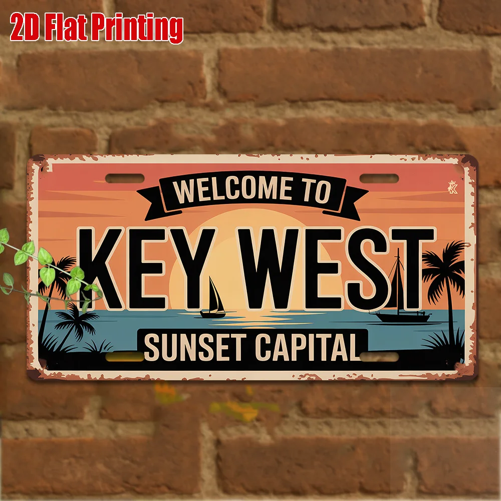 2D Flat 1pc, Vintage Metal Sign for Decorative Purposes Only, Outdoor Plaque & Wall Decor  KEY WEST Aluminum Sign, Retro