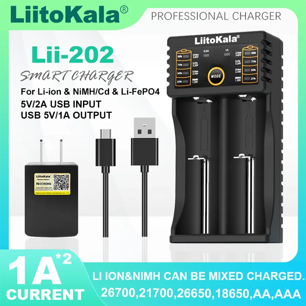 Liitokala Lii-402 Lii-202 21700 18650 Lithium Ni-mh Battery Smart Charger 1.2V 3.7V 3.2V 3.85V 18350 26650 18490 AA AAA 14500