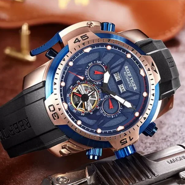 Reef Tiger Men Automatic Watch 46MM Mechanical Wristwatch 50m Waterproof Luminous Sapphire Multi-Dial Year Month Week Date