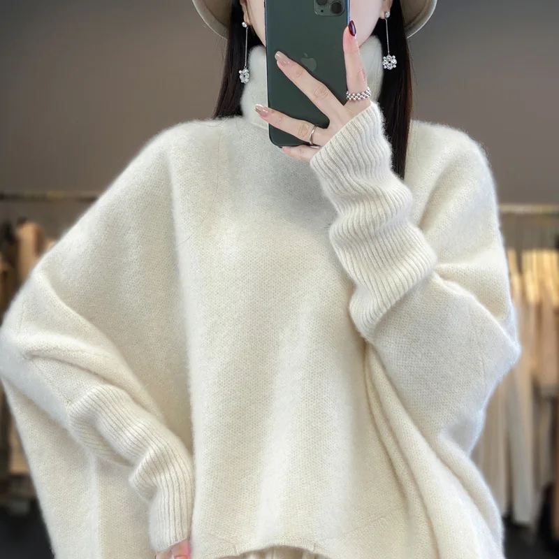 BELIARST Autumn/Winter New Sweater Women\'s High Lapel Jumper 100% Merino Wool Loose Bat Sweater Fashion Korean Oversized Top