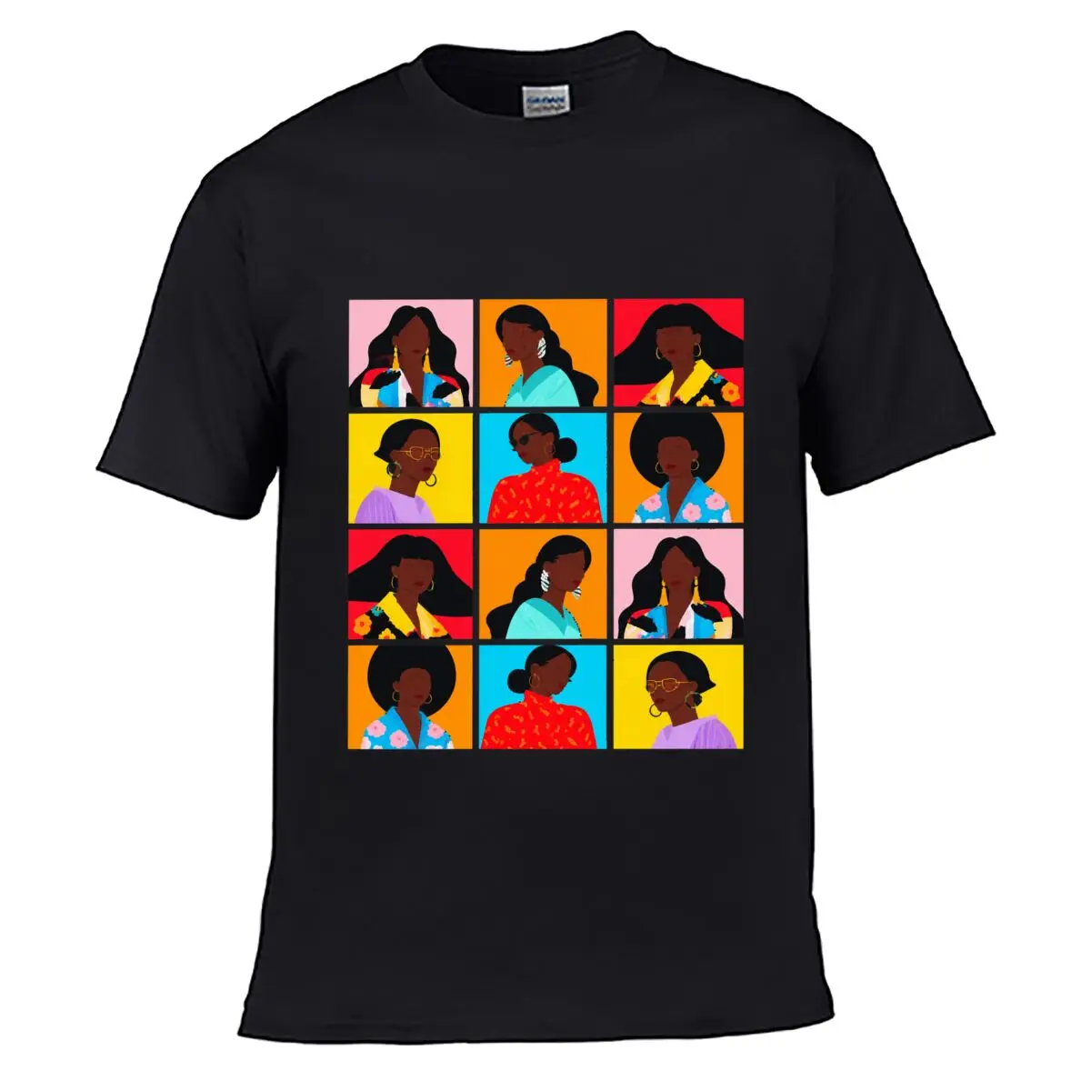 Colorful Black Women Portrait Grid Art Loose Casual T-shirt