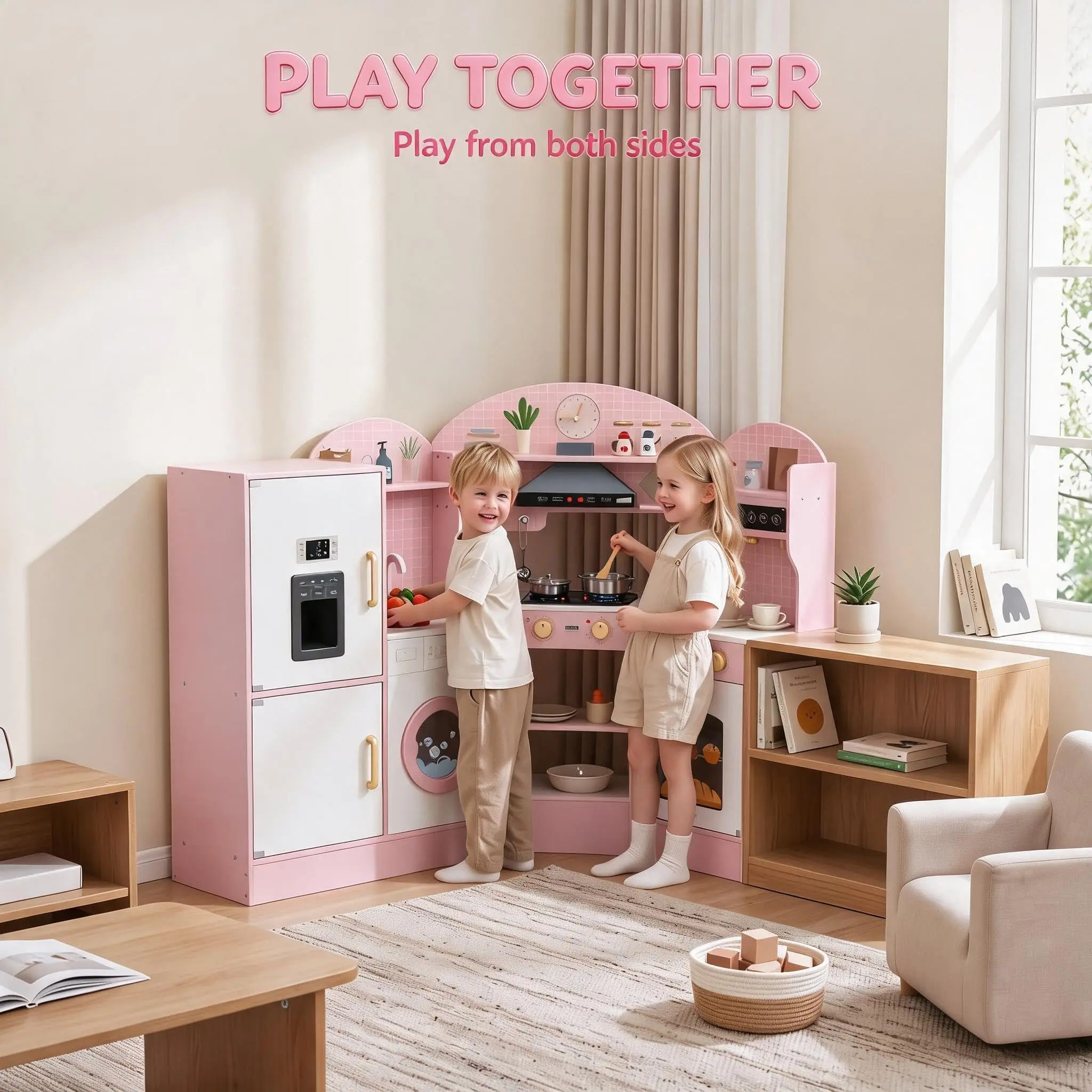 Corner Kids Wooden Play Kitchen Set With Washing Machine, Ice Maker, Sink, Microwave & Accessories, Gift For Boys & Girls Ages 3+