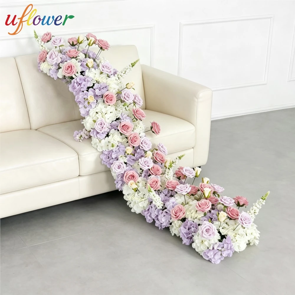 New Pink Lavender White Rose Hydrangea Artificial Flower Row For Wedding Table Centerpiece Aisle Floor Sofa Backdrop Party Decor