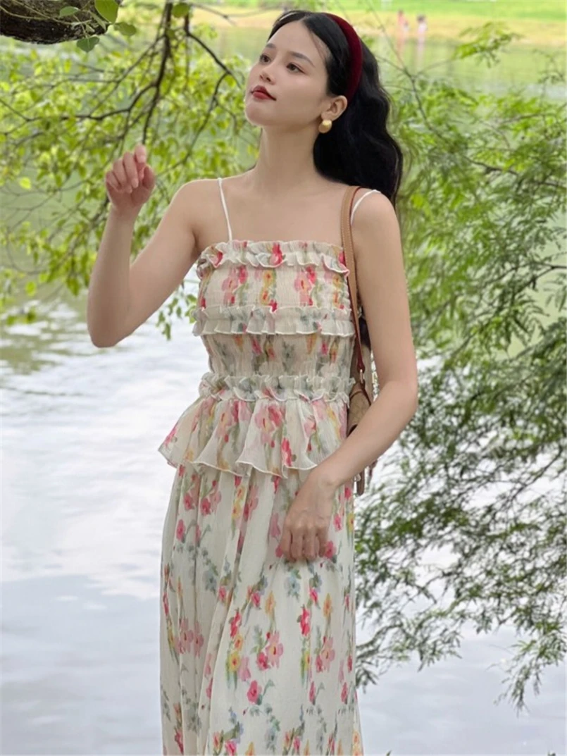 Zoet meisje print bloemen ruches lange jurken vrouwen zomer elegante stijlvolle chique spaghetti jurk strapless vestidos s-3xl