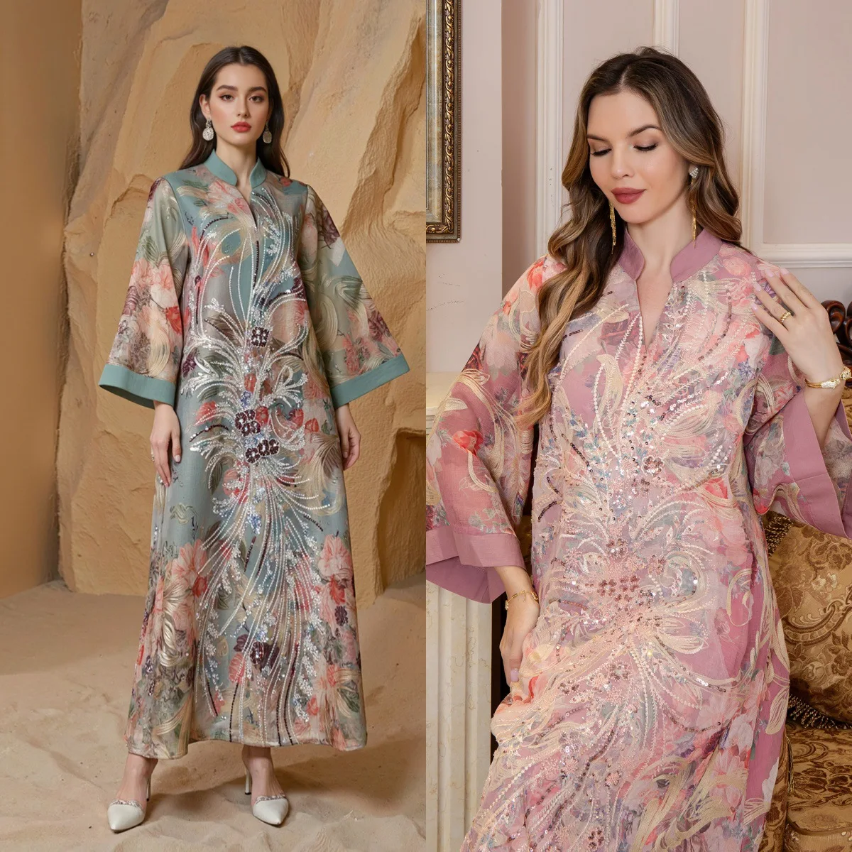 

2026 New Muslim robe, Saudi Arabian robe, elegant printed beaded robe