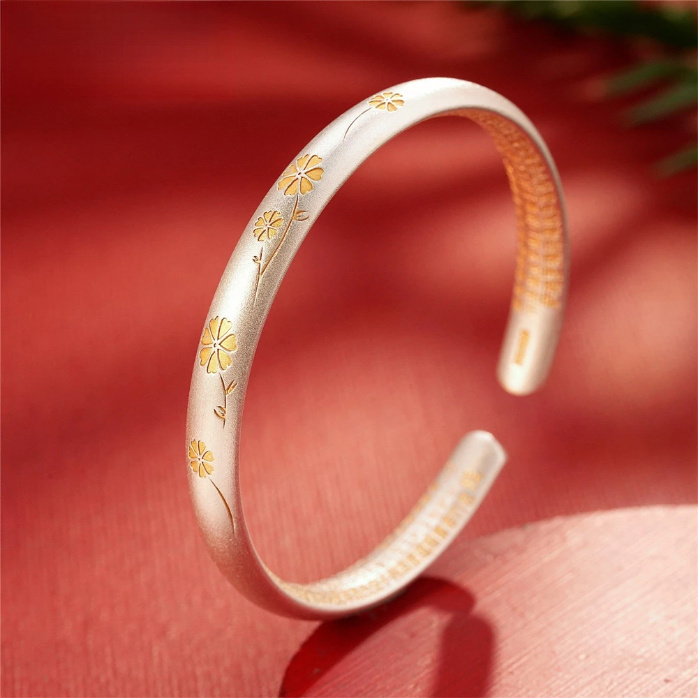 

S999 Sterling Silver Matte Open Cuff Unisex Bangle Gold Accent Four Leaf Clover Engraved Bracelet Vintage Lucky Jewelry Gift