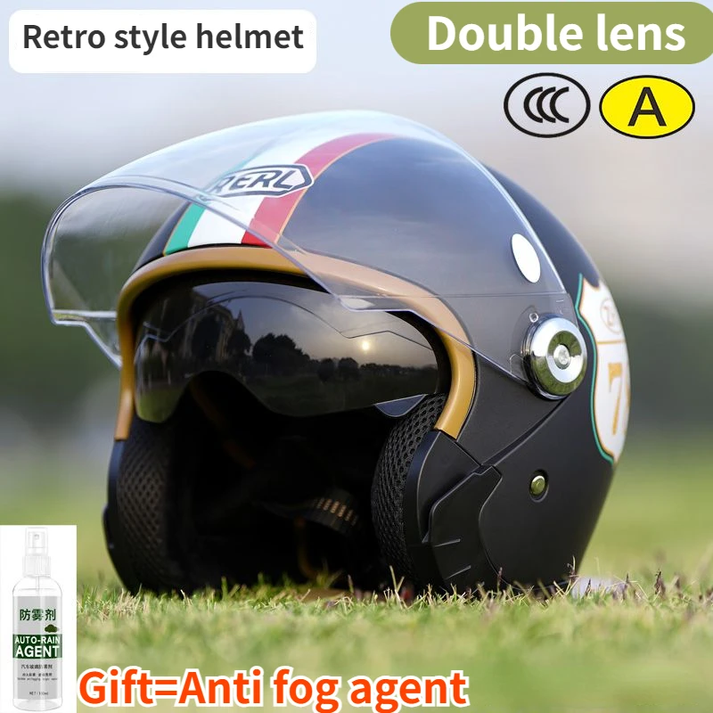 

Motorcycle Dual Lens Half Helmet with Retro Style Contrasting Color Design Electric Car Helmet with Sunscreen Lenses