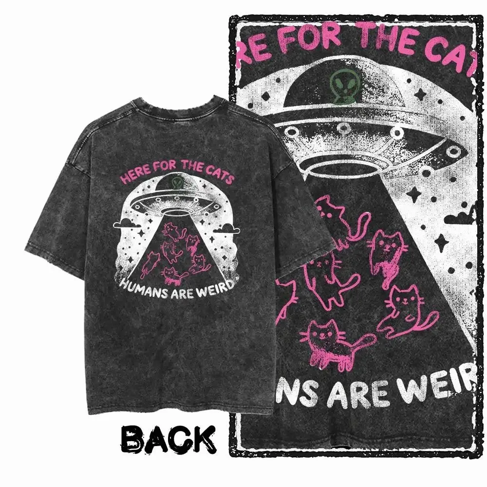 Vintage Washed UFO Cat Graphic T-Shirt Here for The Cats Back Print Short Sleeve Unisex Funny Cat Lover Streetwear Casual Tee