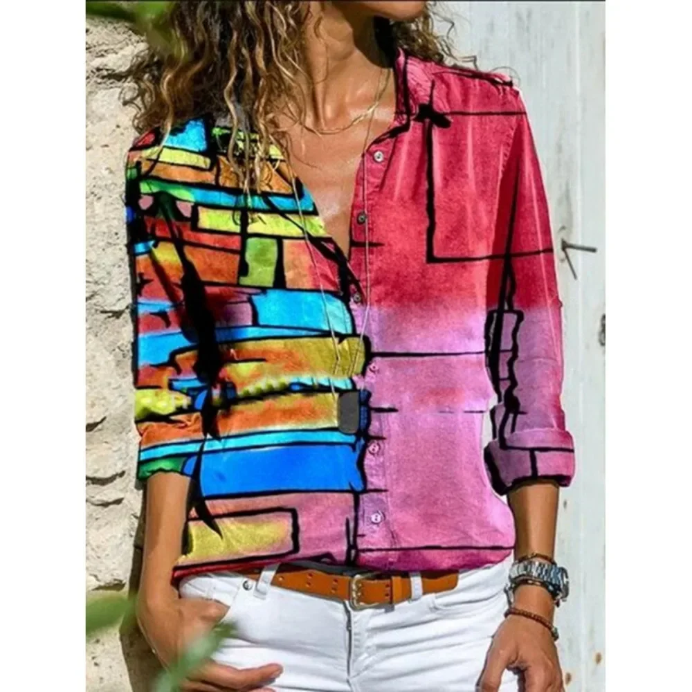 Wome 3D Digital Print Shirt Sleeveless Loose Button Cuff Blouse Spring Autumn New European Style Ladies Daily Streetwear