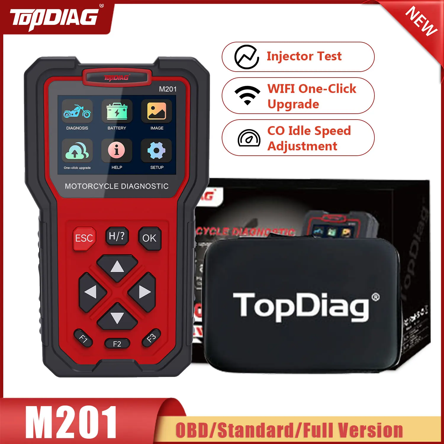 Newest Multi-Languages Topdiag M201 Motorcycle Scanner Diagnostic Tool WIFI Connection Upgrades Battery Test&Injector Testing