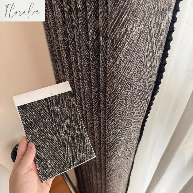 Customized Italian Simple Black and White Tone Cotton and Linen Texture Full Blackout Curtains for Living Dining Room Bedroom