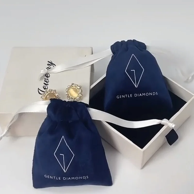 Navy Velvet Gift Bags 5x7cm 7x9cm 8x10cm 9x12cm Custom Logo Pouch For Jewelry Dust Sack
