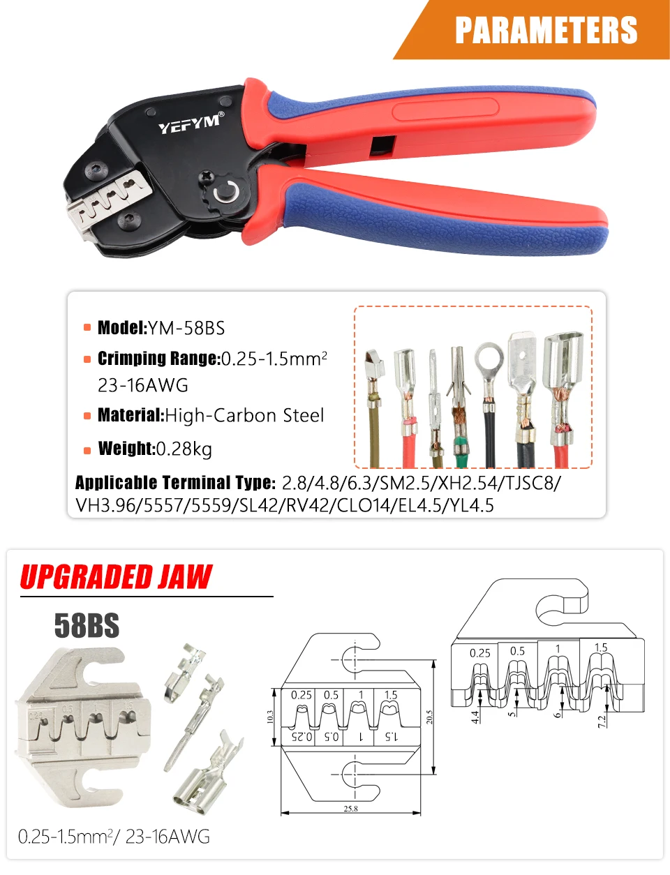 XH2.54/SM2.54/2.8/4.8/6,3 Terminals Crimp Mini Zangen YM-58BS 0,25-1,5 mm²/23-16AWG ratsche YEFYM Elektrische Werkzeuge 175mm – Detail 3