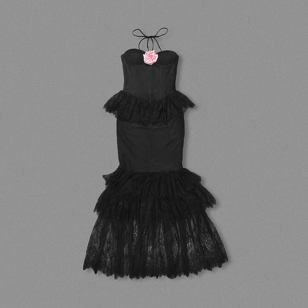 Schwarze Spitzen-Blumenkleider für Frauen, sexy trägerloses Nachtclub-Partykleid, 2025, Sommermode, luxuriöse Promi-Abend-Abschlussballkleider