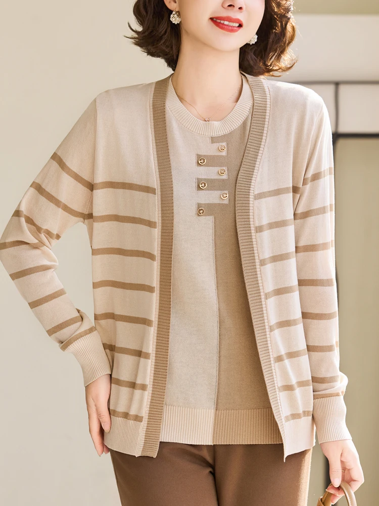 

Real Two Pieces Sets Sweater Women Autumn Spring Long Sleeve Sweater High Quality Stripe Tshirt+Cardigan Set