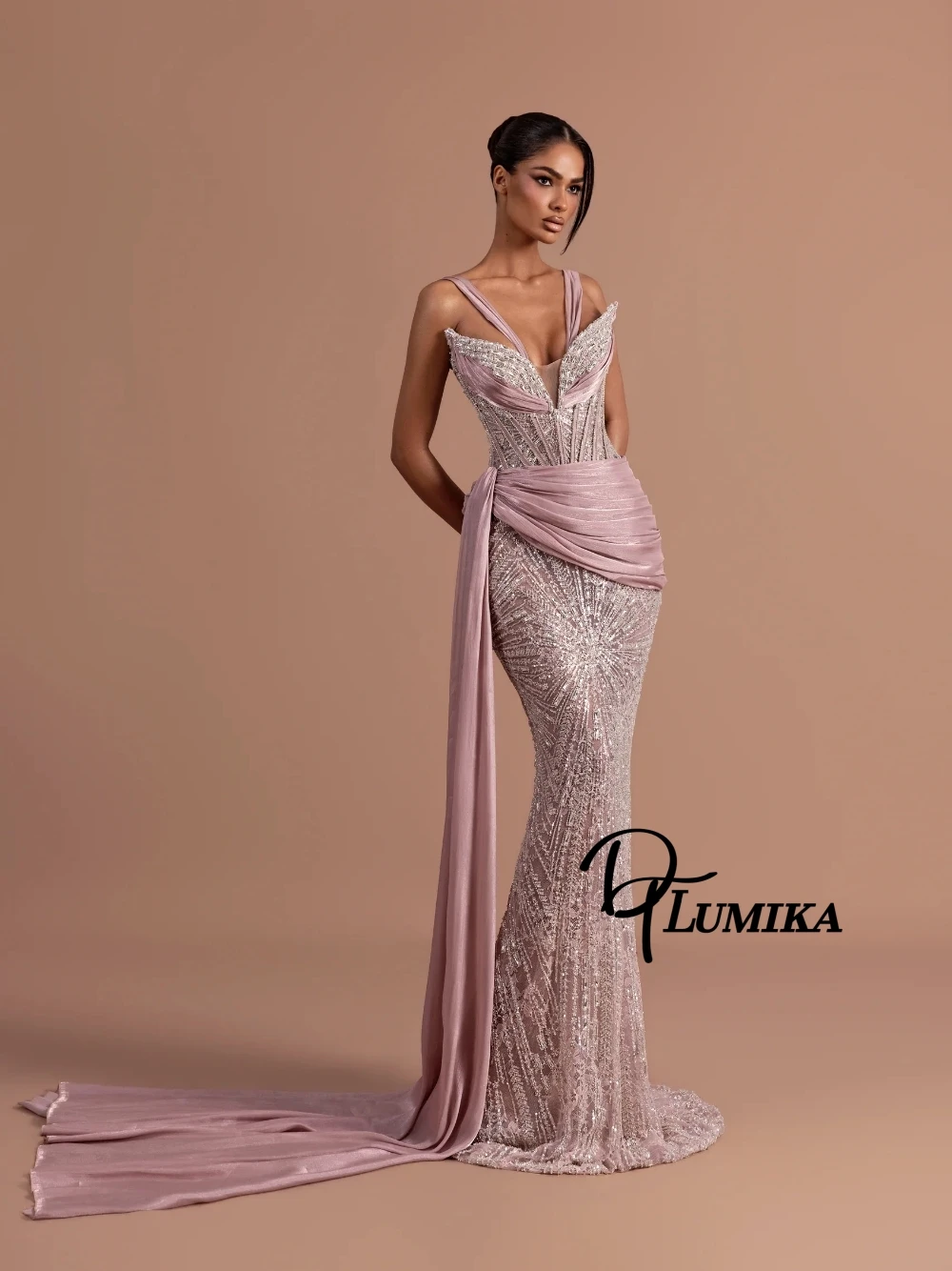 Dusty Rose Mermaid Evening Dress Customized V Neck All-over Beaded Sequins Formal Prom Cocktail Gown With Long Waist Sash Train