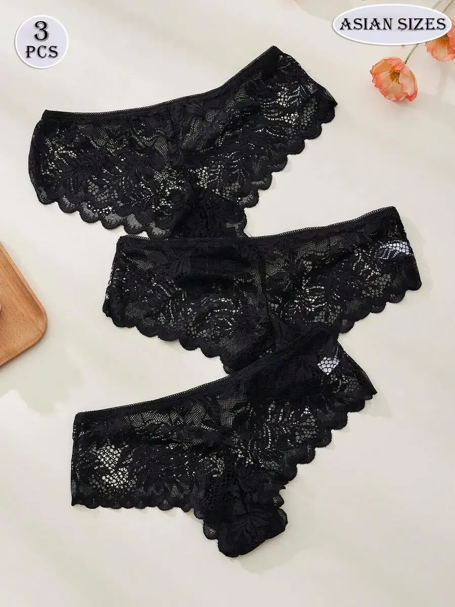 

3 Pcs Elegant Lace Panties Women Low Waist Briefs Comfortable Stretchy Semi Sheer Romantic Lingerie