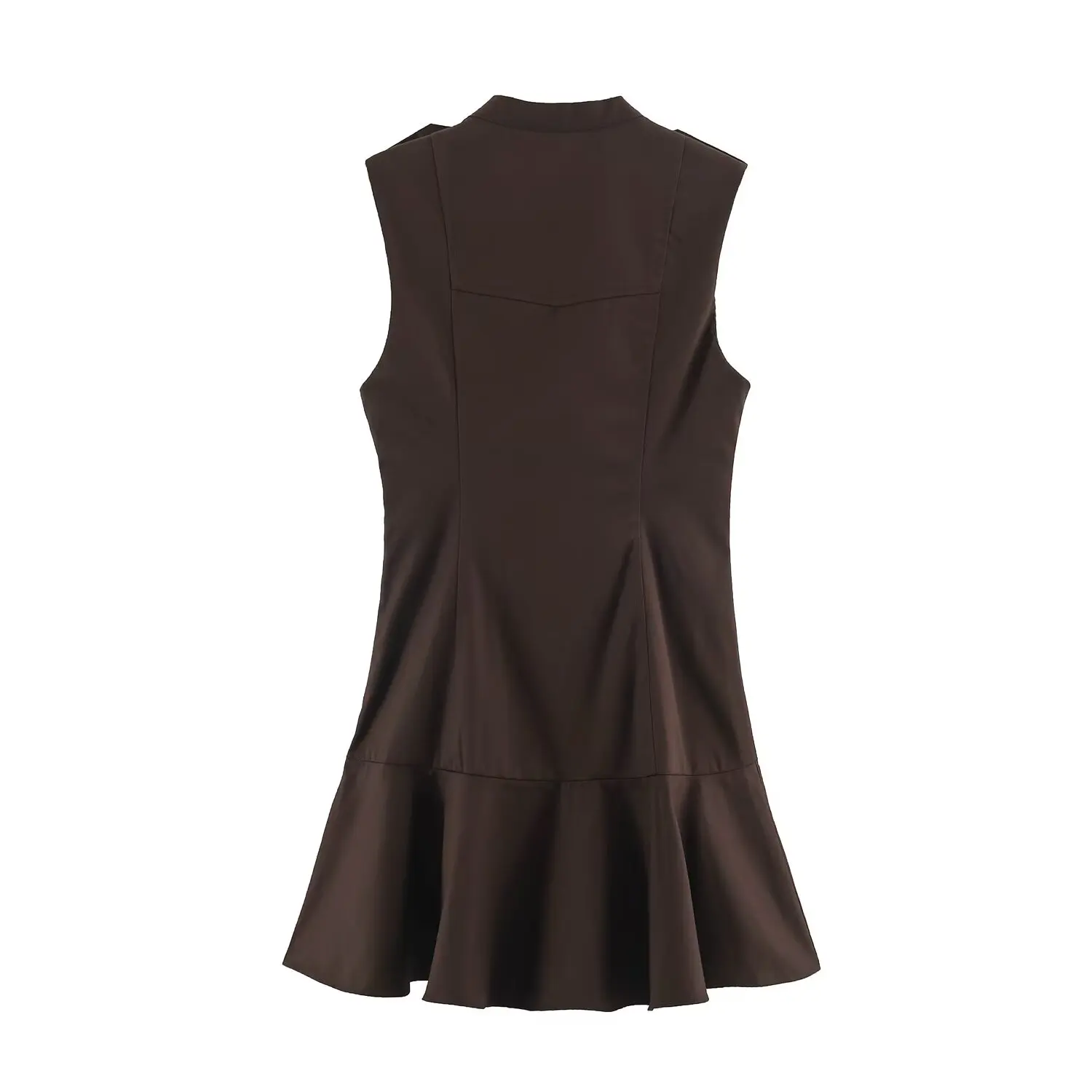 Sommerliches ärmelloses Rüschenkleid für Damen, V-Ausschnitt, hohe Taille, schicke Knopfverzierung, Mini-Kleid, lässiges Damenkleid für den Alltag. – Detail 11