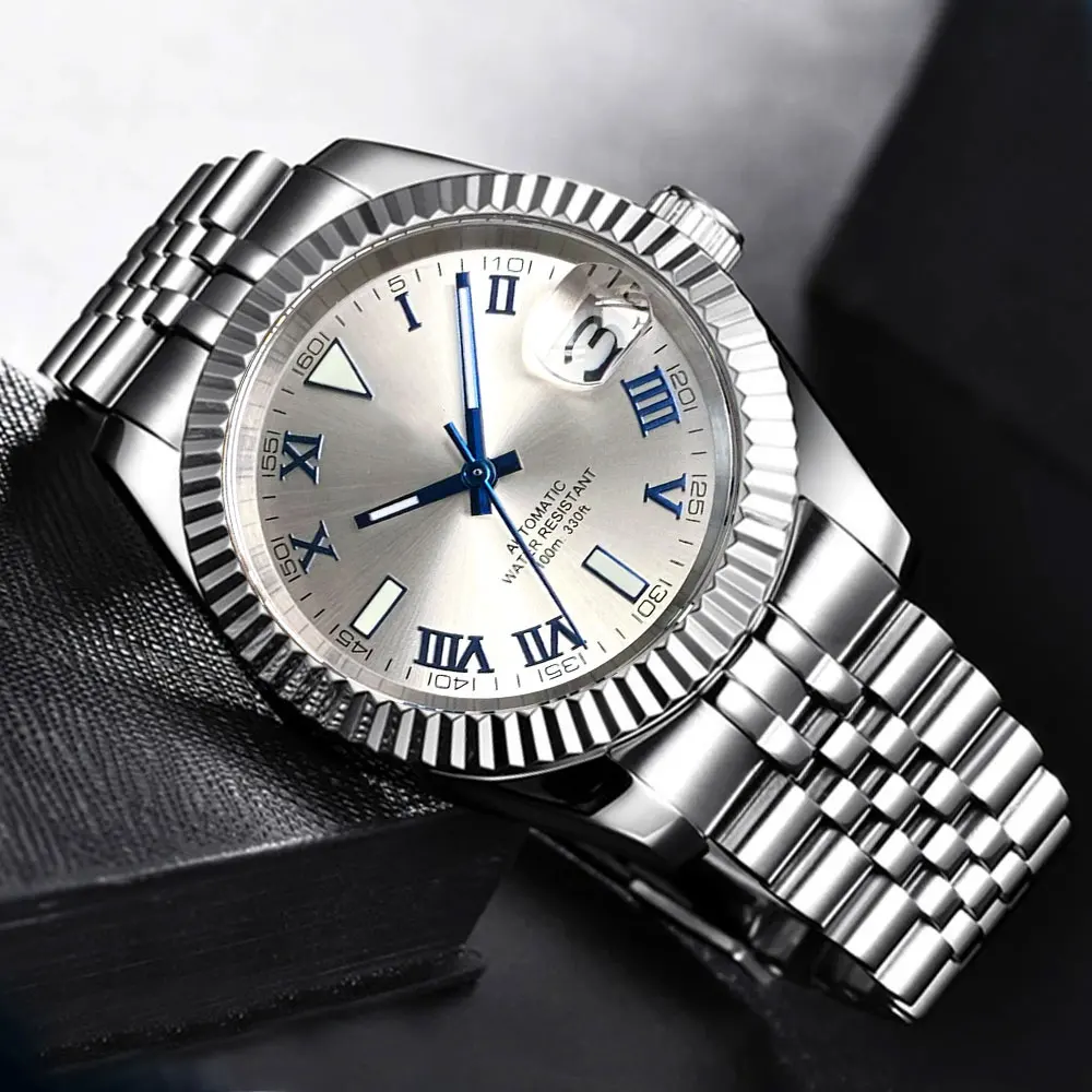 36mm 39mm Silver Dial Roman Numbers Japan NH35 Automatic Men Watch Sapphire Stainless Steel 200M Waterproof Relogio Slide Buckle