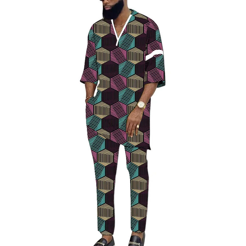

Original Design African Print Half Sleeves Men’s Set V-neck Shirts Patch Elastic Waist Pants Tailor Made Party Wear