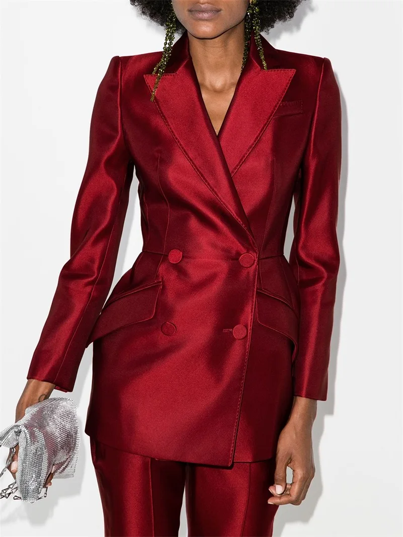 Cetim de seda feminino ternos conjuntos de escritório 2 peças blazer longo formal + calças smoking casamento baile de formatura vestido de festa feito sob encomenda