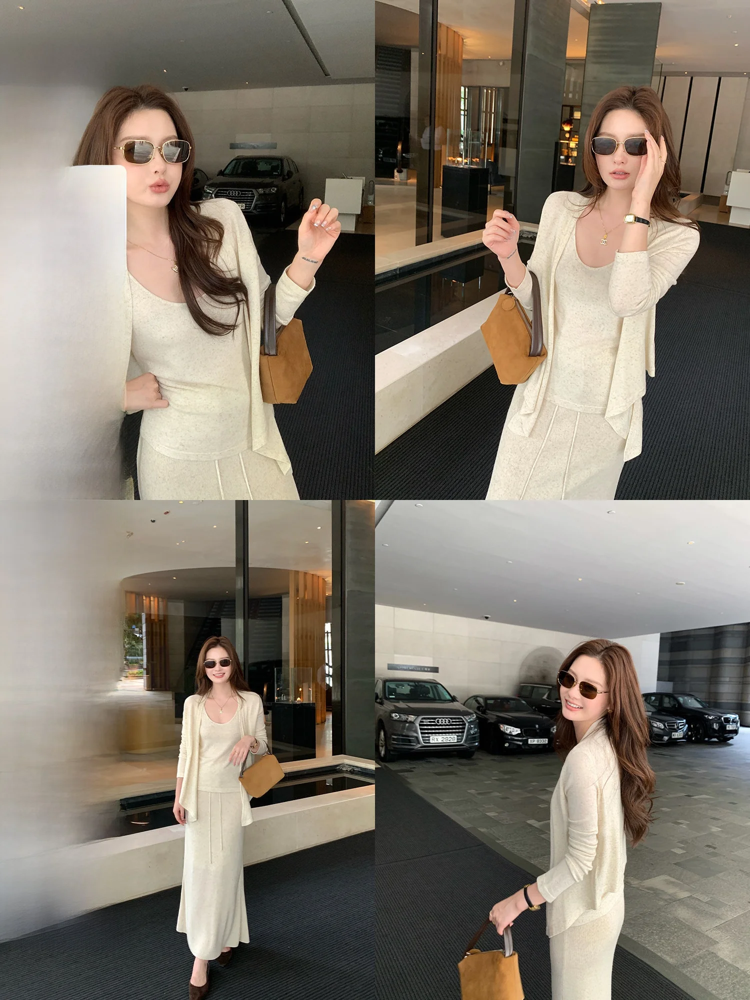 Pusumede Intelligent Wool Lazy Knitted Cardigan Women's Strap Top Half Skirt Gentle Set Fashionable Three-Piece Women's Suit