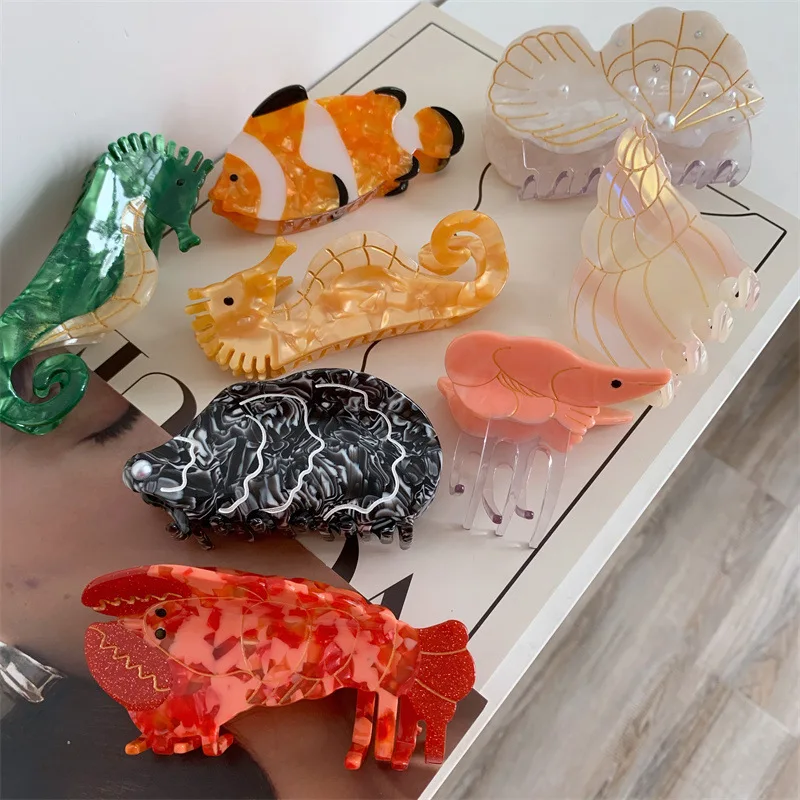 Cute Ocean Animals Grampo de cabelo para mulheres, lagostins Clownfish Seahorse, Claw Clips, Engraçado Shell Hairpin, Headwear Acessórios, Presente